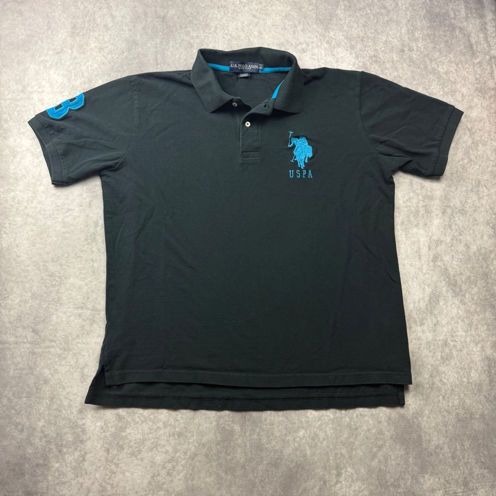 US Polo Assn Mens XL Black Turquoise Large Pony Logo Short Sleeve Pique Polo